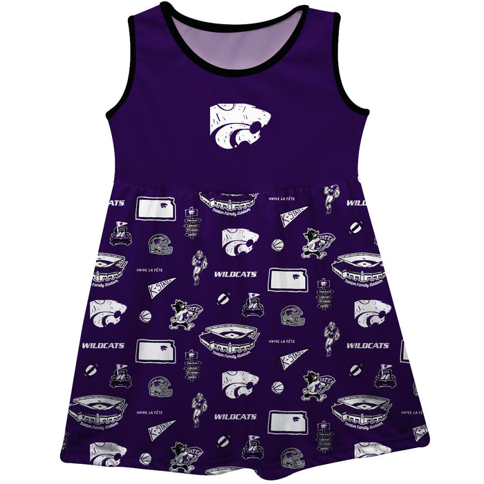 Kansas State Wildcats K-State Sleeveless Tank Dress Girls Purple Repeat Print Hand Sketched Vive La Fete Impressions