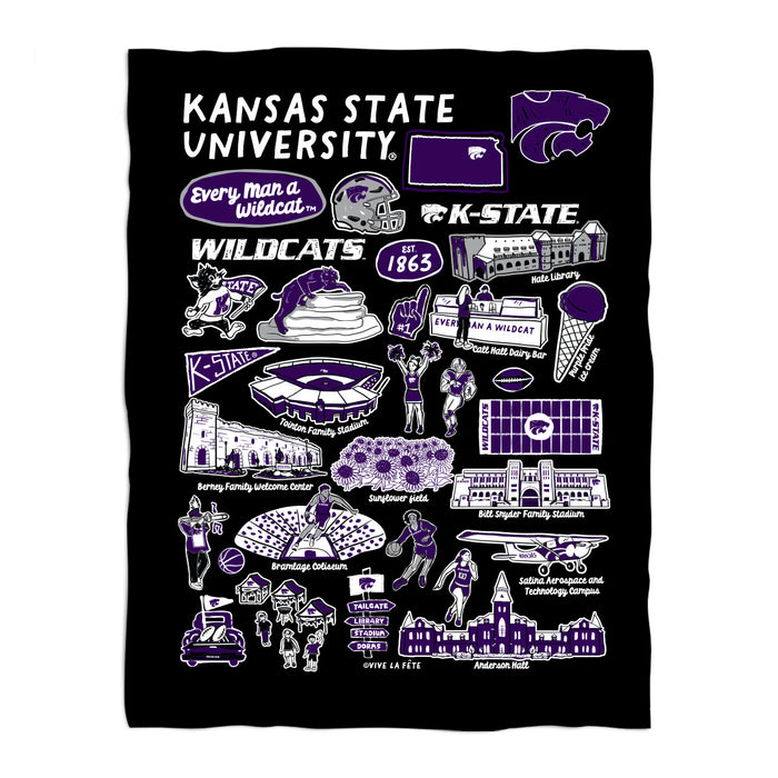 Kansas State University Wildcats Black Hand Sketched Vive La Fete Impressions Artwork Plush Soft Minky Blanket 36 x 48