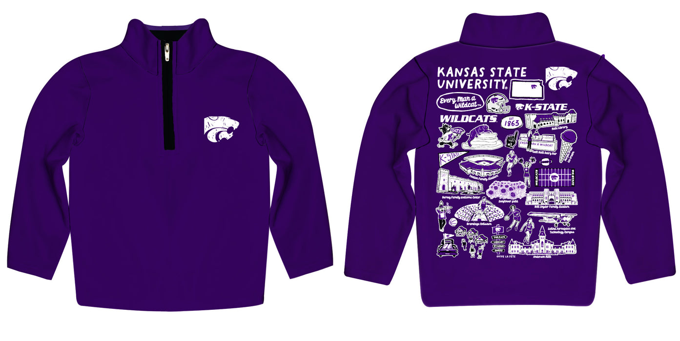 Kansas State University Wildcats K-State Hand Sketched Vive La Fete Impressions Artwork Purple Boys Quarter Zip Pullover V1