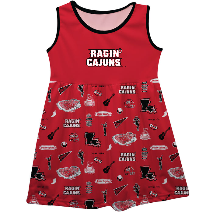 Louisiana at Lafayette Cajuns Sleeveless Tank Dress Girls Red Repeat Print Hand Sketched Vive La Fete Impressions