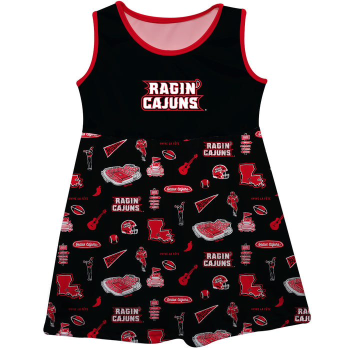 Louisiana at Lafayette Cajuns Sleeveless Tank Dress Girls Black Repeat Print Hand Sketched Vive La Fete Impressions