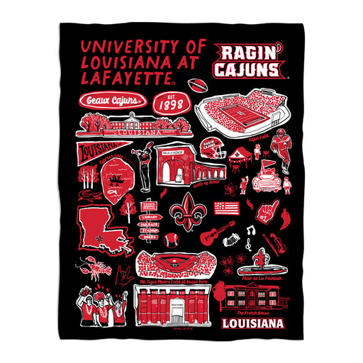 Louisiana at Lafayette Cajuns Black Hand Sketched Vive La Fete Impressions Artwork Plush Soft Minky Blanket 36 x 48