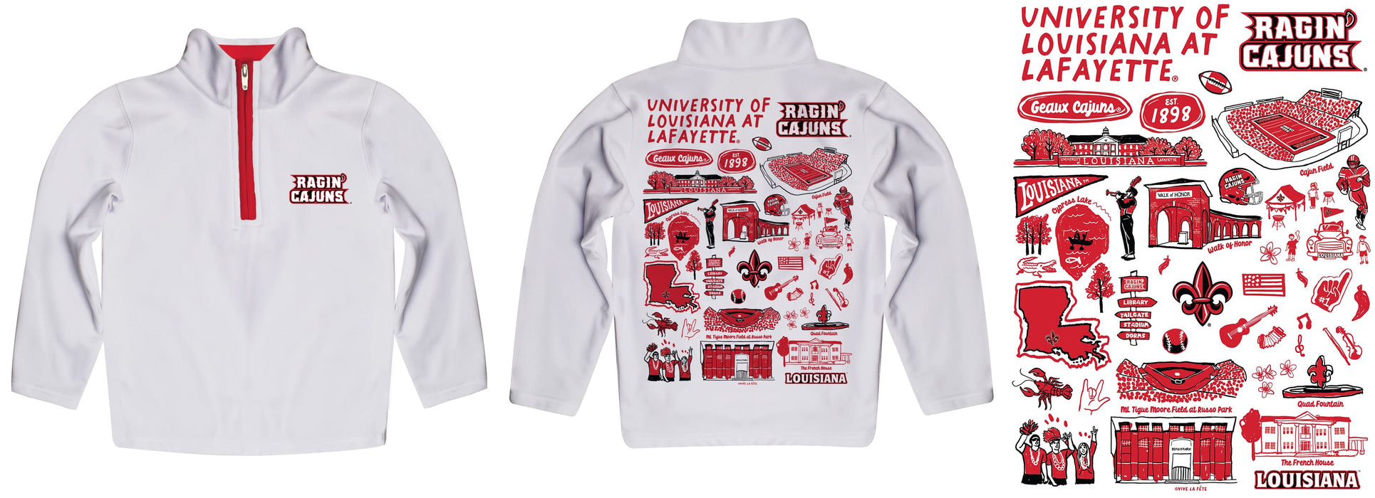 Louisiana at Lafayette Cajuns Hand Sketched Vive La Fete Impressions Artwork White Boys Quarter Zip Pullover V1