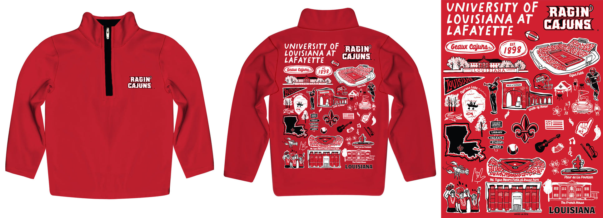 Louisiana at Lafayette Cajuns Hand Sketched Vive La Fete Impressions Artwork Red (Vermilion) Boys Quarter Zip Pullover V1