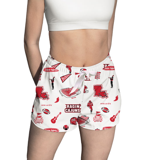 Louisiana at Lafayette Cajuns Repeat Print Hand Sketched Vive La Fete Impressions Artwork Womens White Lounge Shorts