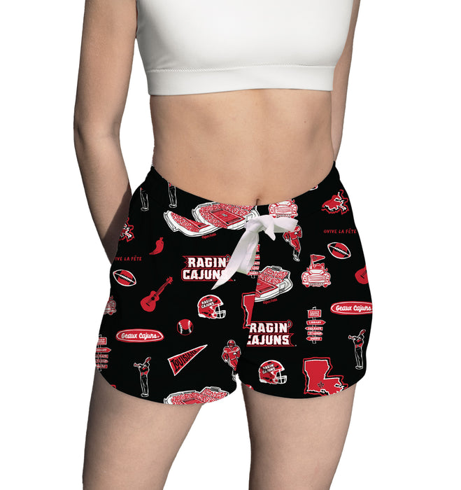 Louisiana at Lafayette Cajuns Repeat Print Hand Sketched Vive La Fete Impressions Artwork Womens Black Lounge Shorts