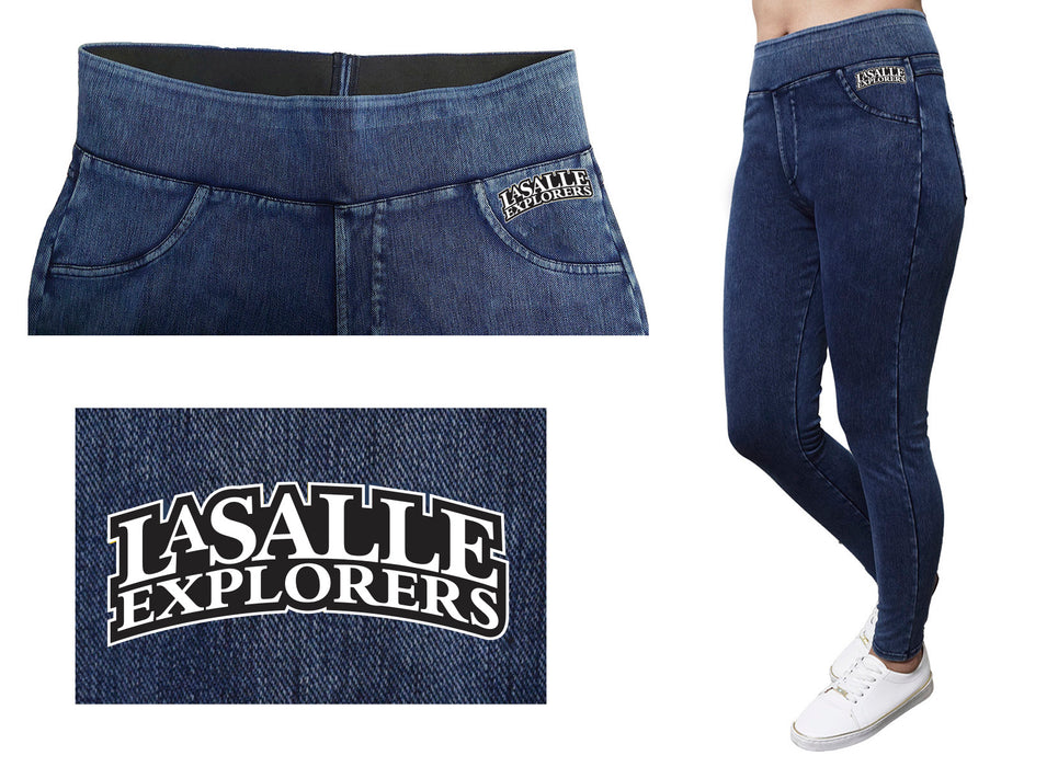 La Salle University Explorers Vive La Fete Game Day Collegiate Logo on Fake Pocket Women Blue Jeggings