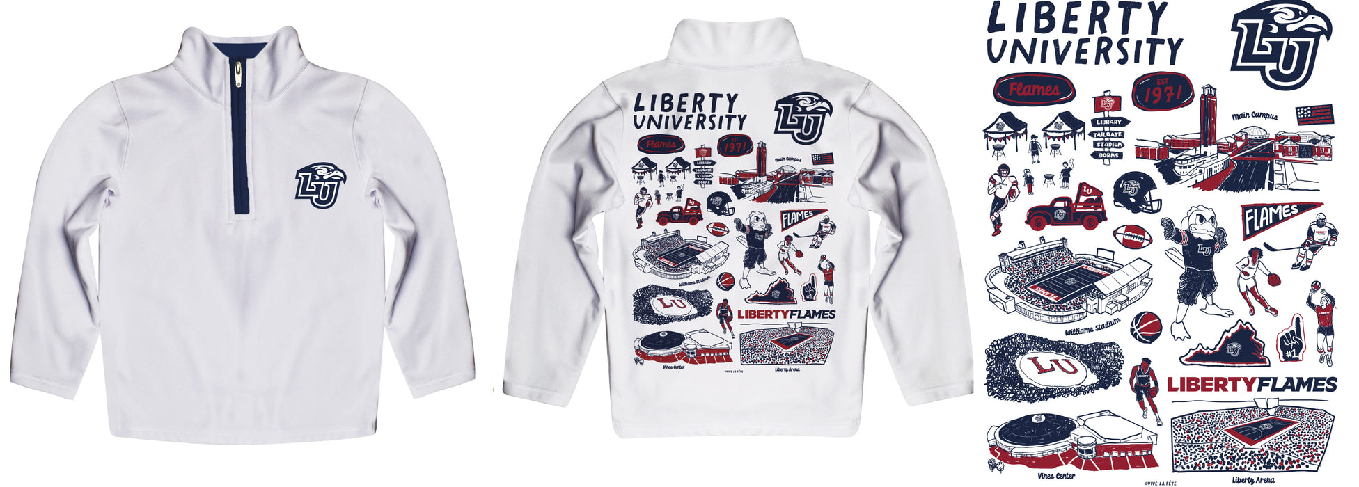 Liberty Flames Hand Sketched Vive La Fete Impressions Artwork  White Boys Quarter Zip Pullover V1