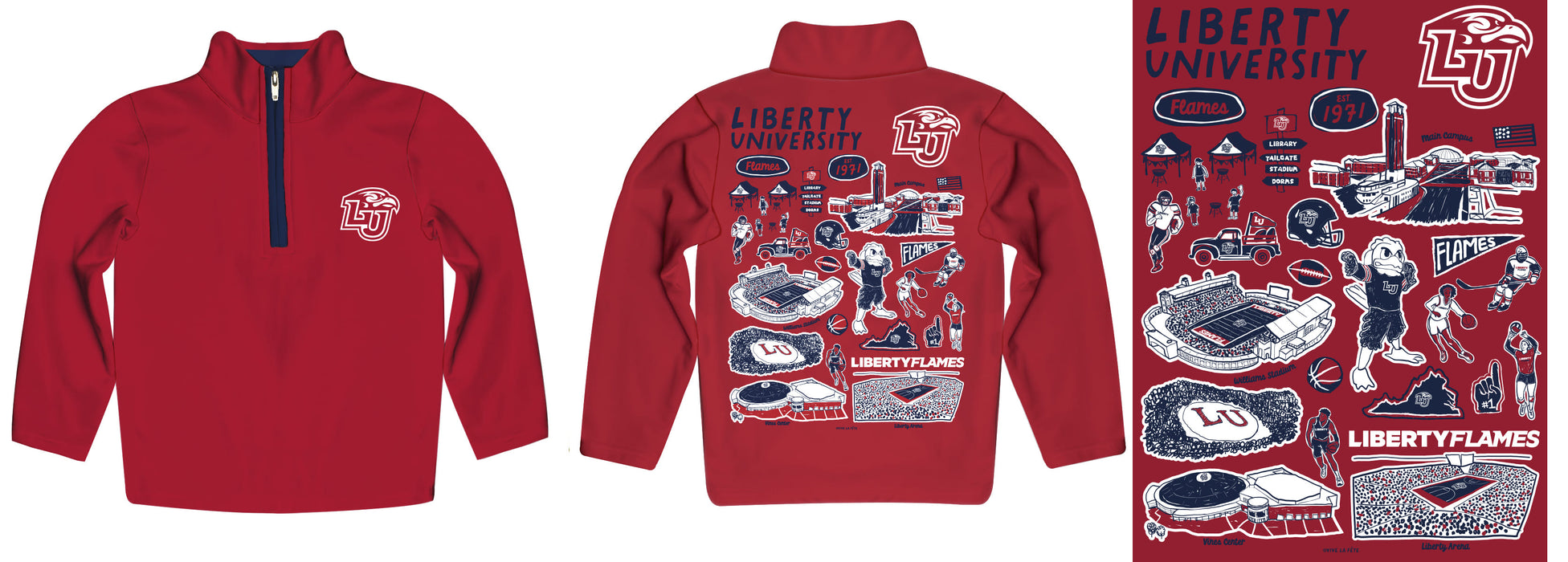 Liberty Flames Hand Sketched Vive La Fete Impressions Artwork Red Boys Quarter Zip Pullover V1