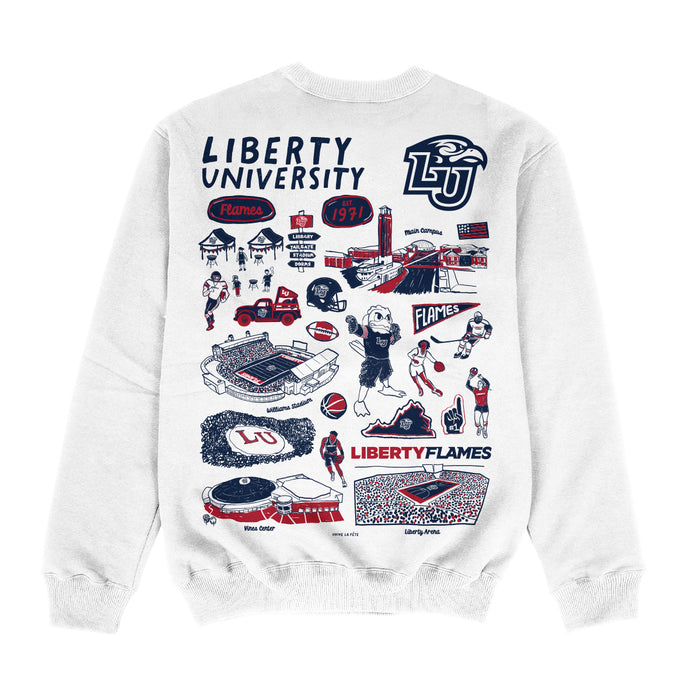 Liberty Flames Hand Sketched Impressions Artwork White Crewneck Sweatshirt for Women