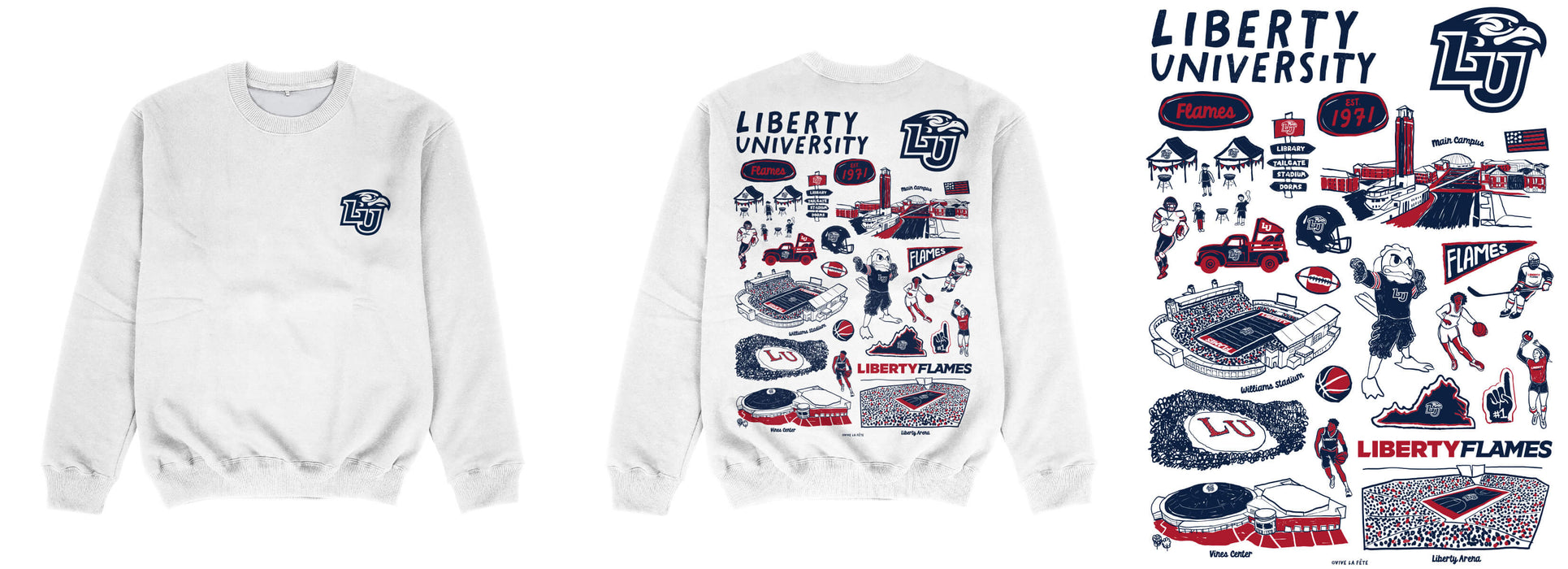 Liberty Flames Hand Sketched Impressions Artwork White Crewneck Sweatshirt for Women