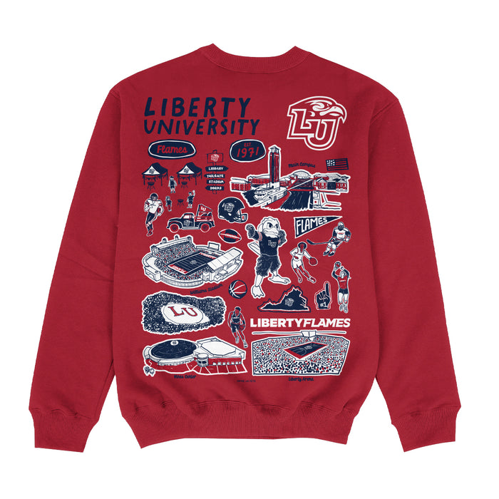 Liberty Flames Hand Sketched Impressions Artwork Red Crewneck Sweatshirt for Women