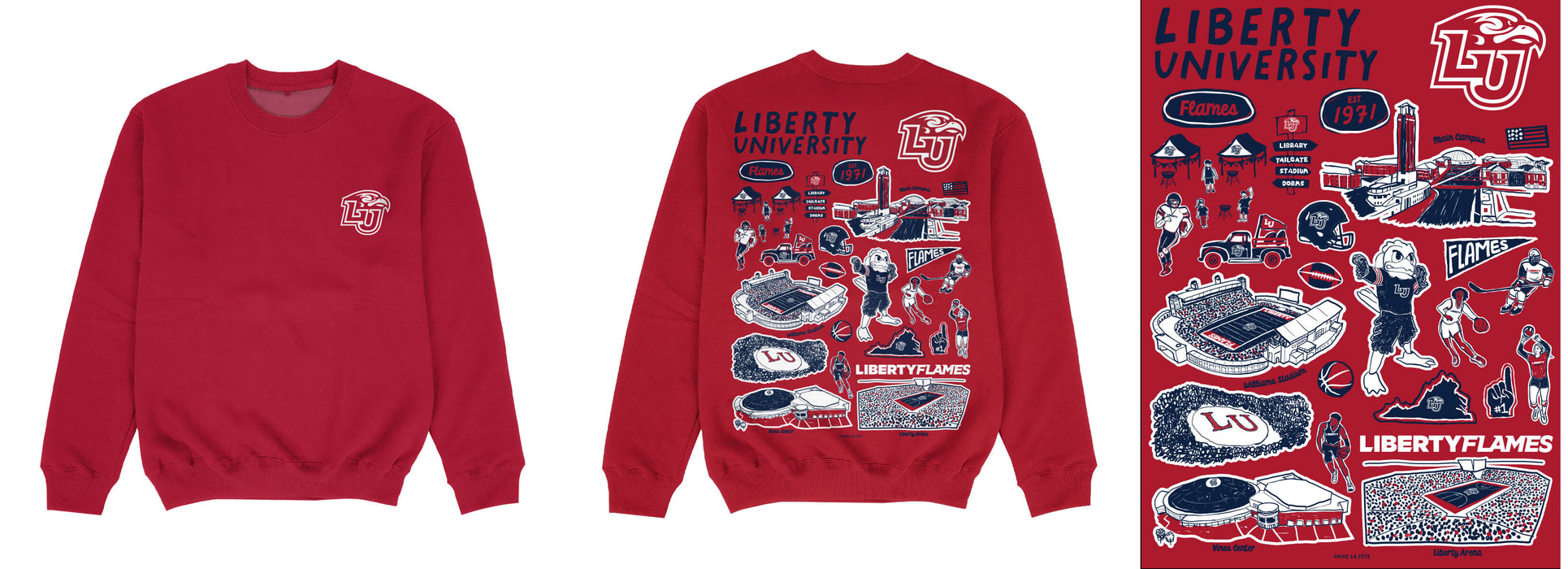 Liberty Flames Hand Sketched Impressions Artwork Red Crewneck Sweatshirt for Women