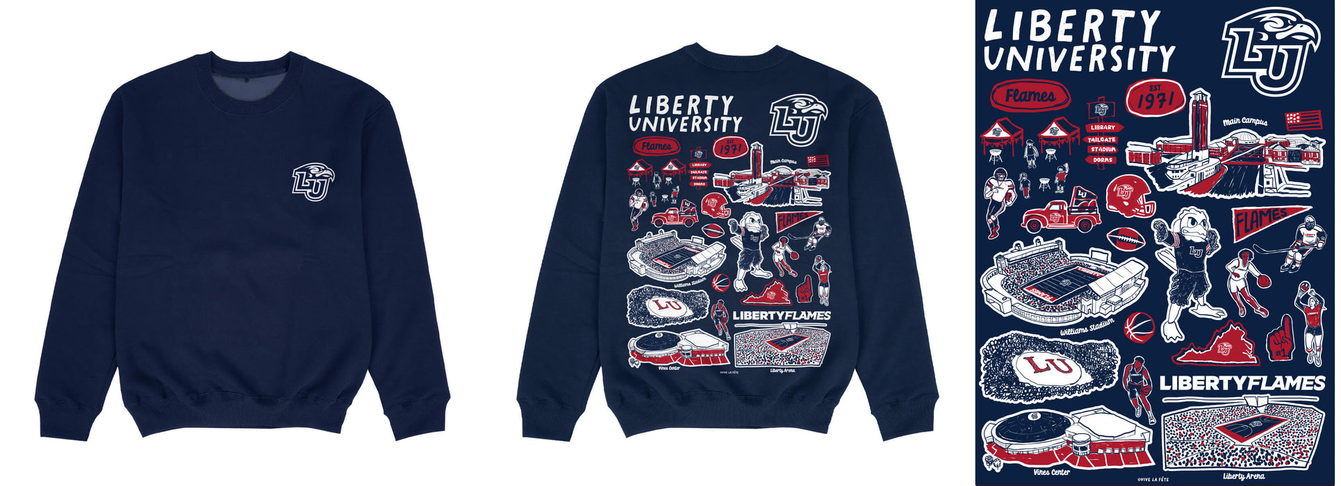 Liberty Flames Hand Sketched Impressions Artwork Blue Crewneck Sweatshirt for Women