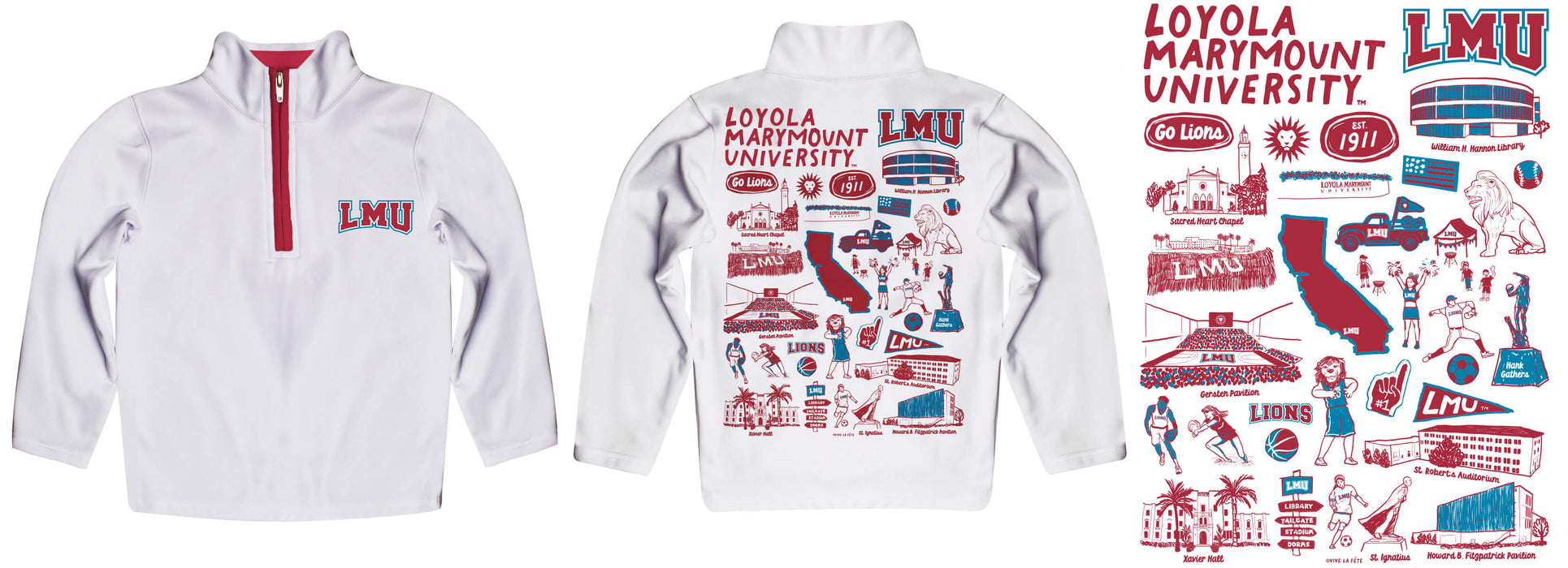 Loyola Marymount Lions Hand Sketched Vive La Fete Impressions Artwork  White Boys Quarter Zip Pullover V1