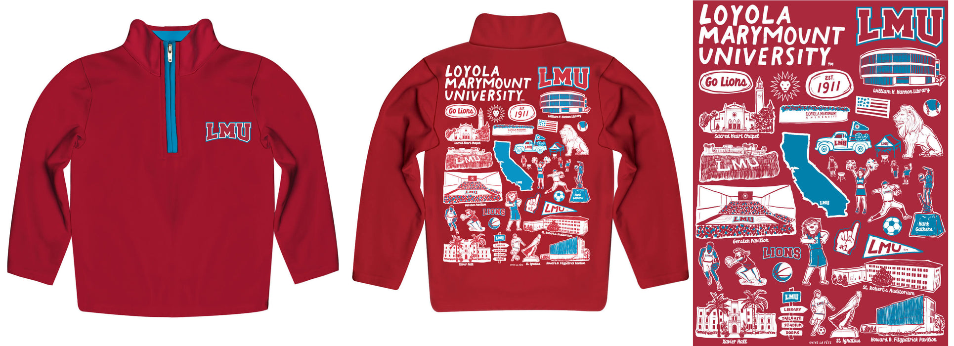 Loyola Marymount Lions Hand Sketched Vive La Fete Impressions Artwork Red Boys Quarter Zip Pullover V1