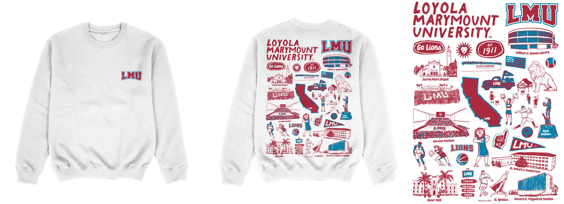 Loyola Marymount Lions Hand Sketched Impressions Artwork White Crewneck Sweatshirt for Women