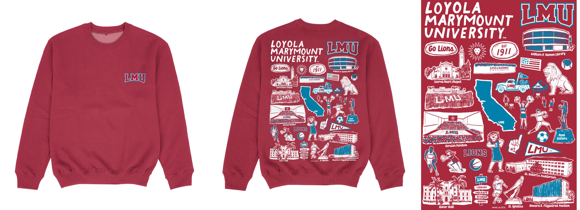 Loyola Marymount Lions Hand Sketched Impressions Artwork Red Crewneck Sweatshirt for Women