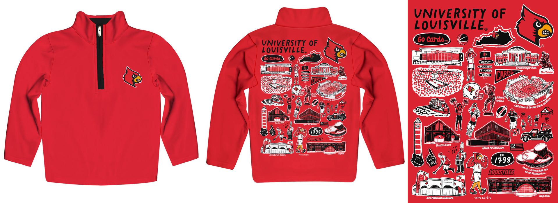 University of Louisville Cardinals Hand Sketched Vive La Fete Impressions Artwork Red Boys Quarter Zip Pullover V1