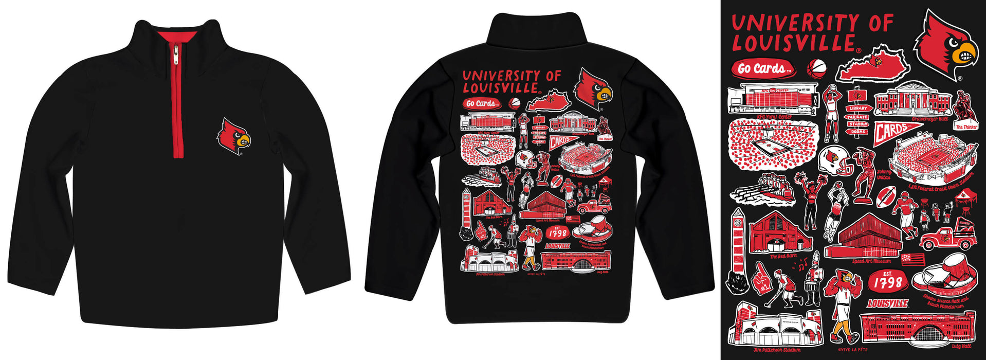 University of Louisville Cardinals Hand Sketched Vive La Fete Impressions Artwork Black Boys Quarter Zip Pullover V1