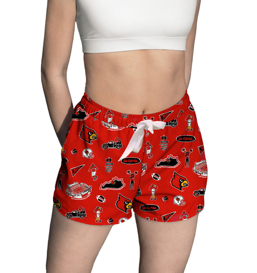 University of Louisville Cardinals Repeat Print Hand Sketched Vive La Fete Impressions Artwork Womens Red Lounge Shorts