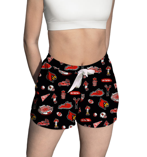 University of Louisville Cardinals Repeat Print Hand Sketched Vive La Fete Impressions Artwork Womens Black Lounge Short