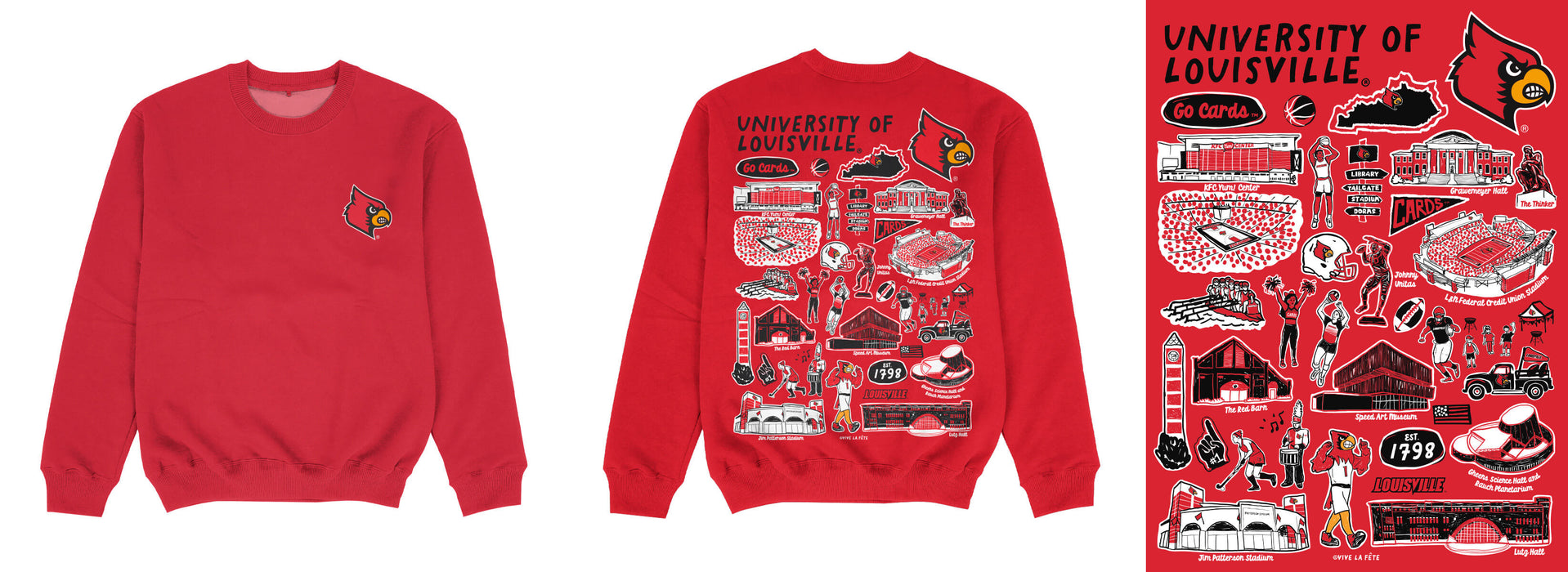 University of Louisville Cardinals Hand Sketched Impressions Artwork Red Crewneck Sweatshirt for Women