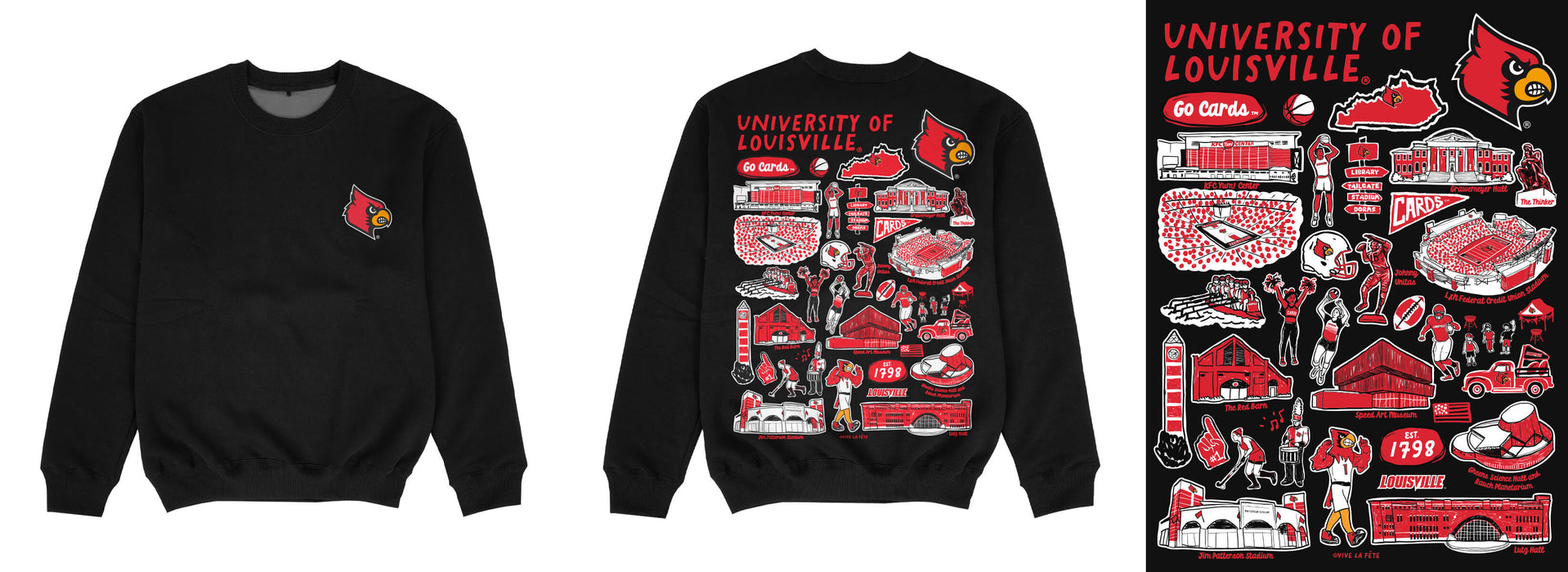 University of Louisville Cardinals Hand Sketched Impressions Artwork Black Crewneck Sweatshirt for Women