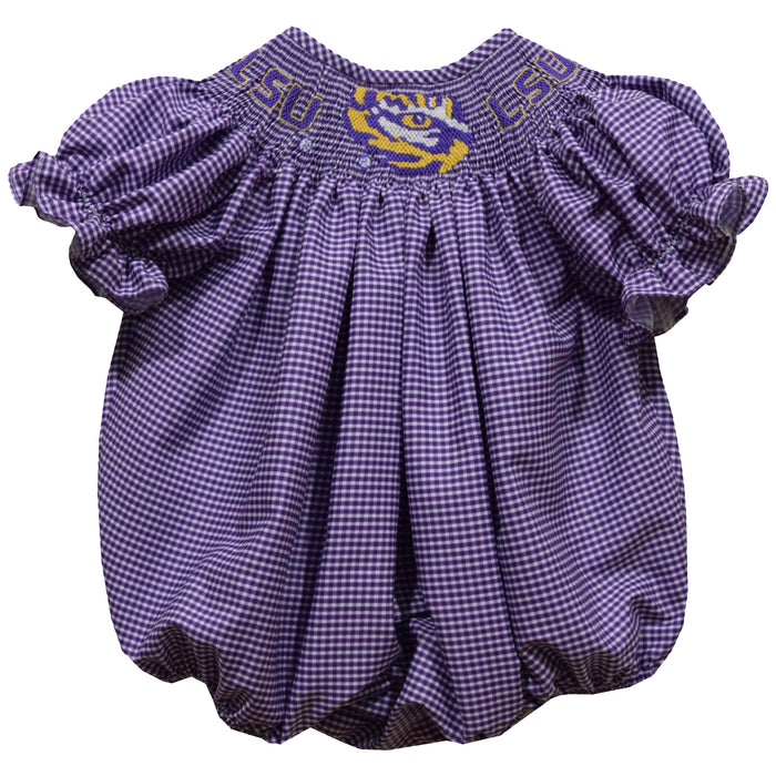 LSU Tigers Smocked Purple Gingham Short Sleeve Girls Bubble