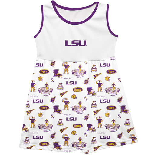 LSU Tigers Sleeveless Tank Dress Girls White Logo and Repeat Print Hand Sketched Vive La Fete Impressions Artwork