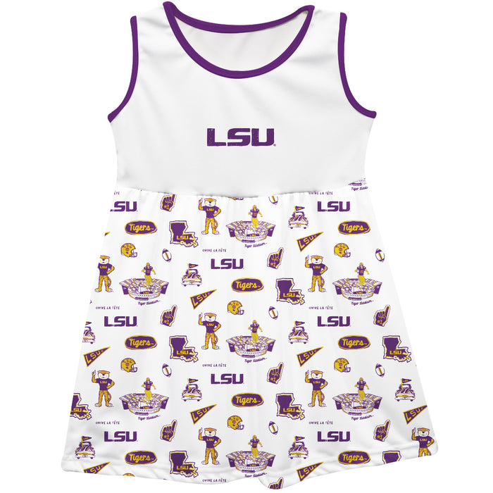 LSU Tigers Sleeveless Tank Dress Girls White Logo and Repeat Print Hand Sketched Vive La Fete Impressions Artwork