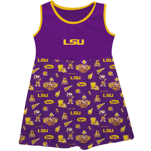 LSU Tigers Sleeveless Tank Dress Girls Yellow Logo and Repeat Print Hand Sketched Vive La Fete Impressions Artwork