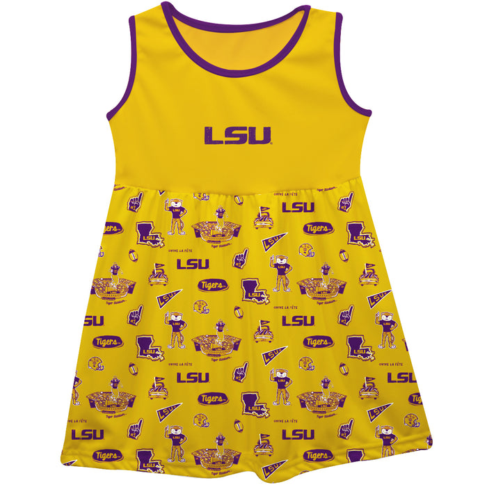 LSU Tigers Sleeveless Tank Dress Girls Purple Logo and Repeat Print Hand Sketched Vive La Fete Impressions Artwork