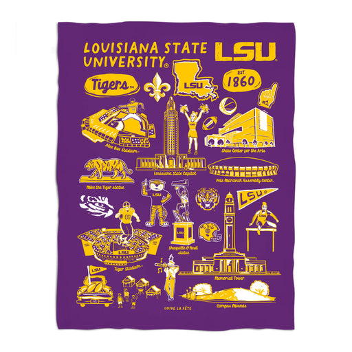 LSU Tigers Purple Hand Sketched Vive La Fete Impressions Artwork Plush Soft Minky Blanket 36 x 48