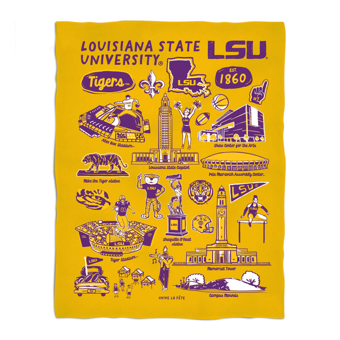 LSU Tigers Gold Hand Sketched Vive La Fete Impressions Artwork Plush Soft Minky Blanket 36 x 48