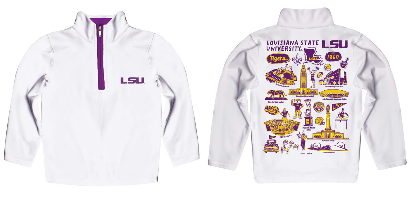 LSU Tigers Hand Sketched Vive La Fete Impressions Artwork  White Boys Quarter Zip Pullover V1