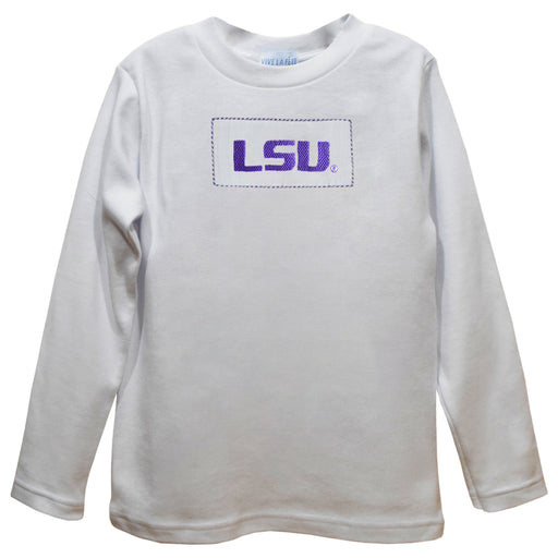 LSU Tigers Smocked White Knit Long Sleeve Boys Tee Shirt