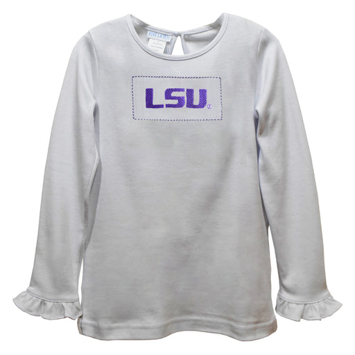 LSU Tigers Smocked White Knit Long Sleeve Girls Blouse