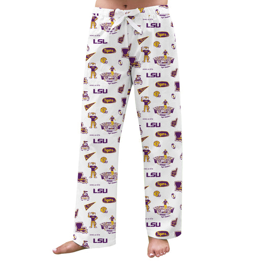 LSU Tigers Repeat Print Hand Sketched Vive La Fete Impressions Artwork Womens  White  Lounge Pants