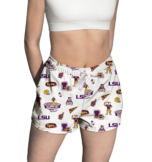 LSU Tigers Repeat Print Hand Sketched Vive La Fete Impressions Artwork Womens White Lounge Shorts