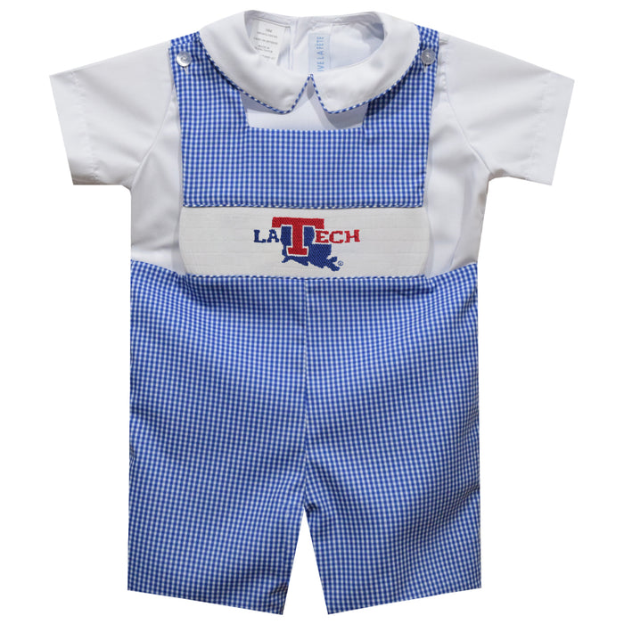 Louisiana Tech Bulldogs Smocked Royal Gingham Jon Jon and Short Sleeve White Shirt