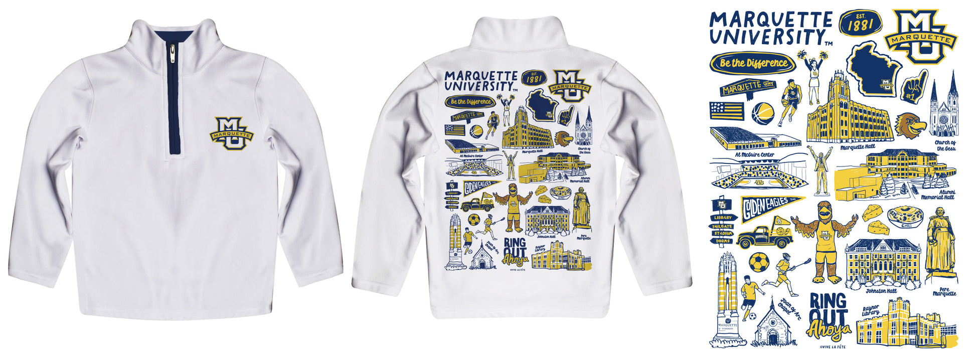 Marquette Golden Eagles Hand Sketched Vive La Fete Impressions Artwork White Boys Quarter Zip Pullover V1