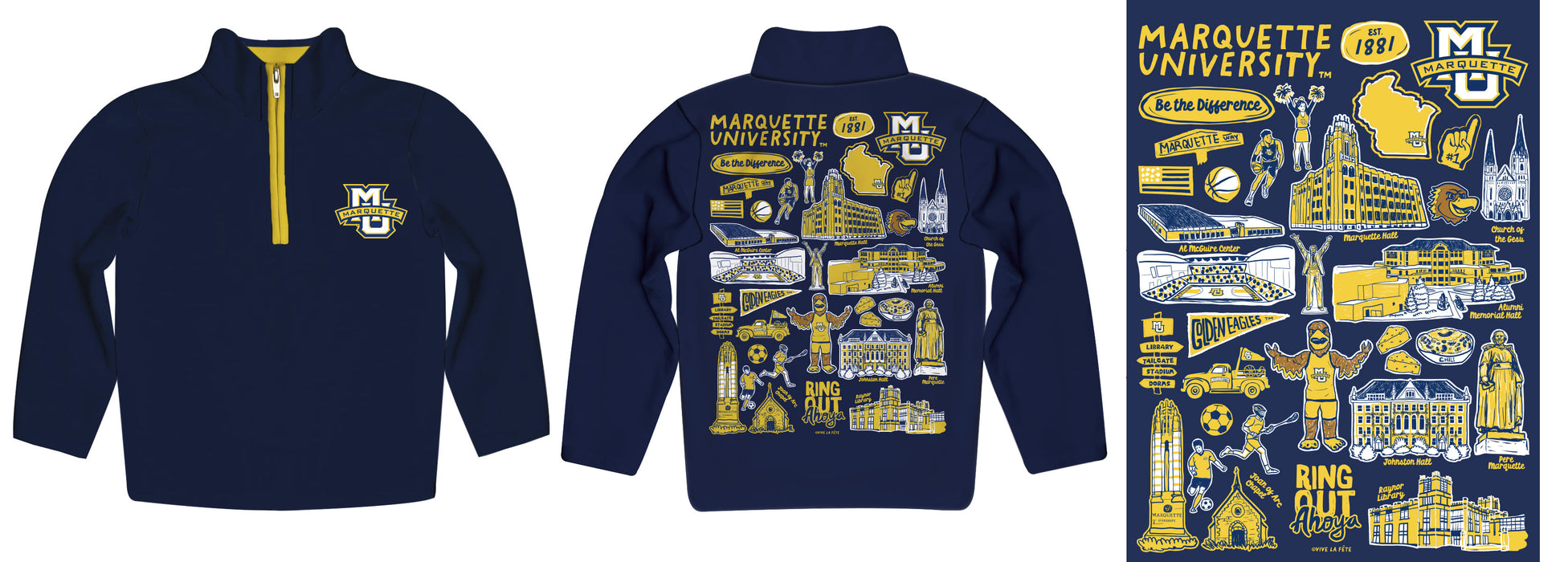 Marquette Golden Eagles Hand Sketched Vive La Fete Impressions Artwork Navy Boys Quarter Zip Pullover V1