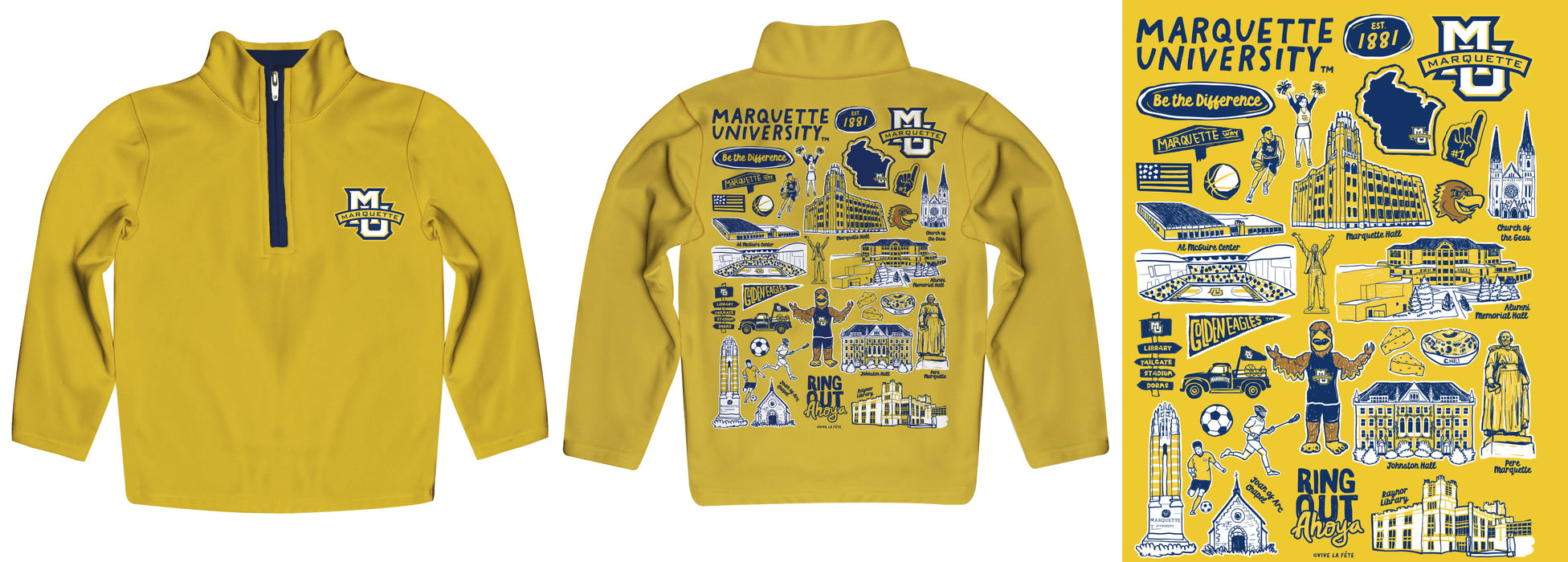 Marquette Golden Eagles Hand Sketched Vive La Fete Impressions Artwork Gold Boys Quarter Zip Pullover V1