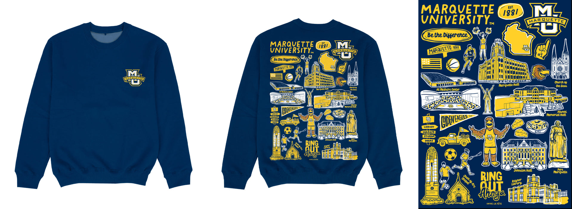 Marquette Golden Eagles Hand Sketched Impressions Artwork Navy Crewneck Sweatshirt for Women