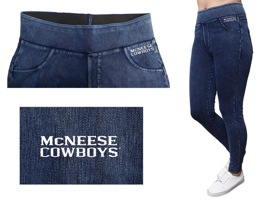 McNeese State University Cowboys Vive La Fete Game Day Collegiate Logo on Fake Pocket Women Blue Jeggings