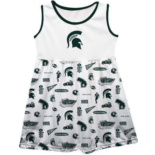 Michigan State Spartans Sleeveless Tank Dress Girls White Repeat Print Hand Sketched Vive La Fete Impressions