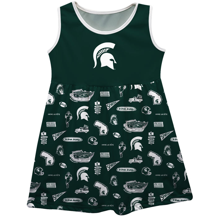 Michigan State Spartans Sleeveless Tank Dress Girls Green Repeat Print Hand Sketched Vive La Fete Impressions Artwork