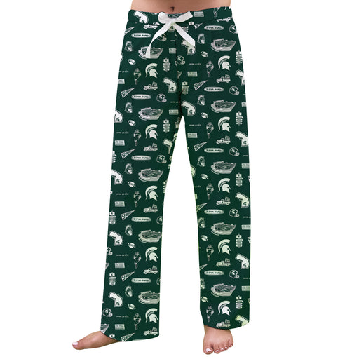 Michigan State Spartans Repeat Print Hand Sketched Vive La Fete Impressions Artwork Womens  Green  Lounge Pants