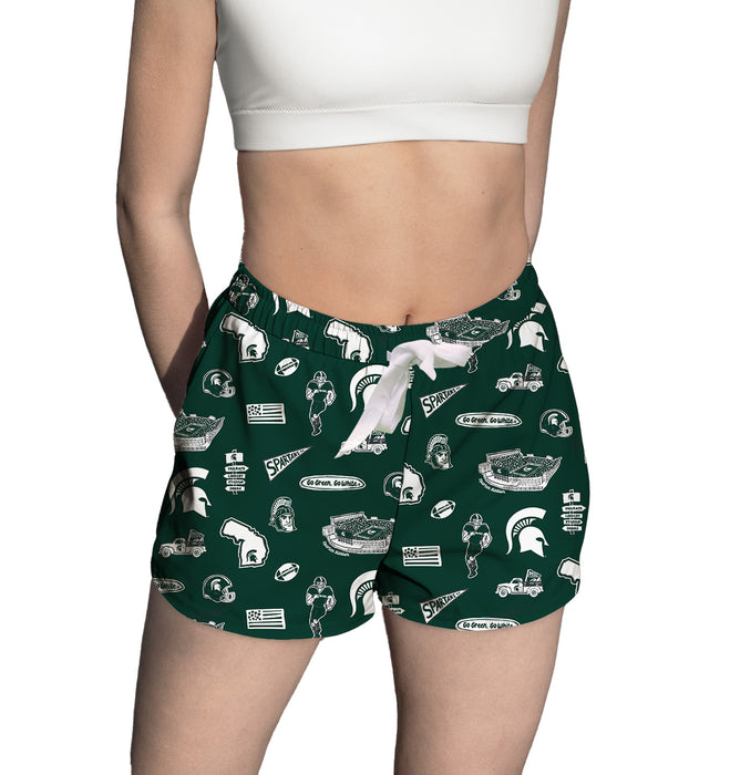 Michigan State Spartans Repeat Print Hand Sketched Vive La Fete Impressions Artwork Womens Green Lounge Shorts